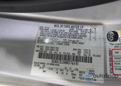 2011 Lincoln Mkz Hybrid z USA, uszkodzony, nr VIN 3LNDL2L34BR776141